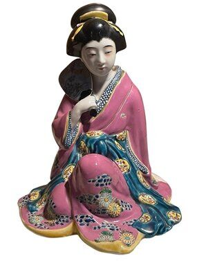 Antique Kutani  7" Porcelain Figurine Bijin Geisha Meiji Seated Fan Pink Floral